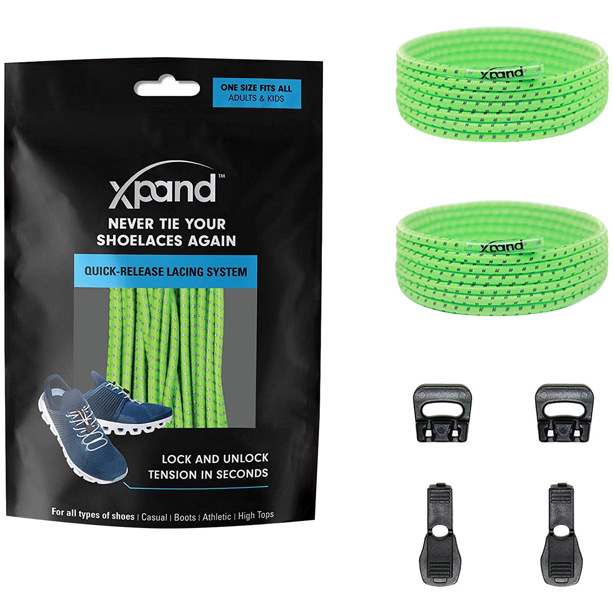 Xpand shoelace system packaging with green shoelaces and quick-release lacing system components on a white background.