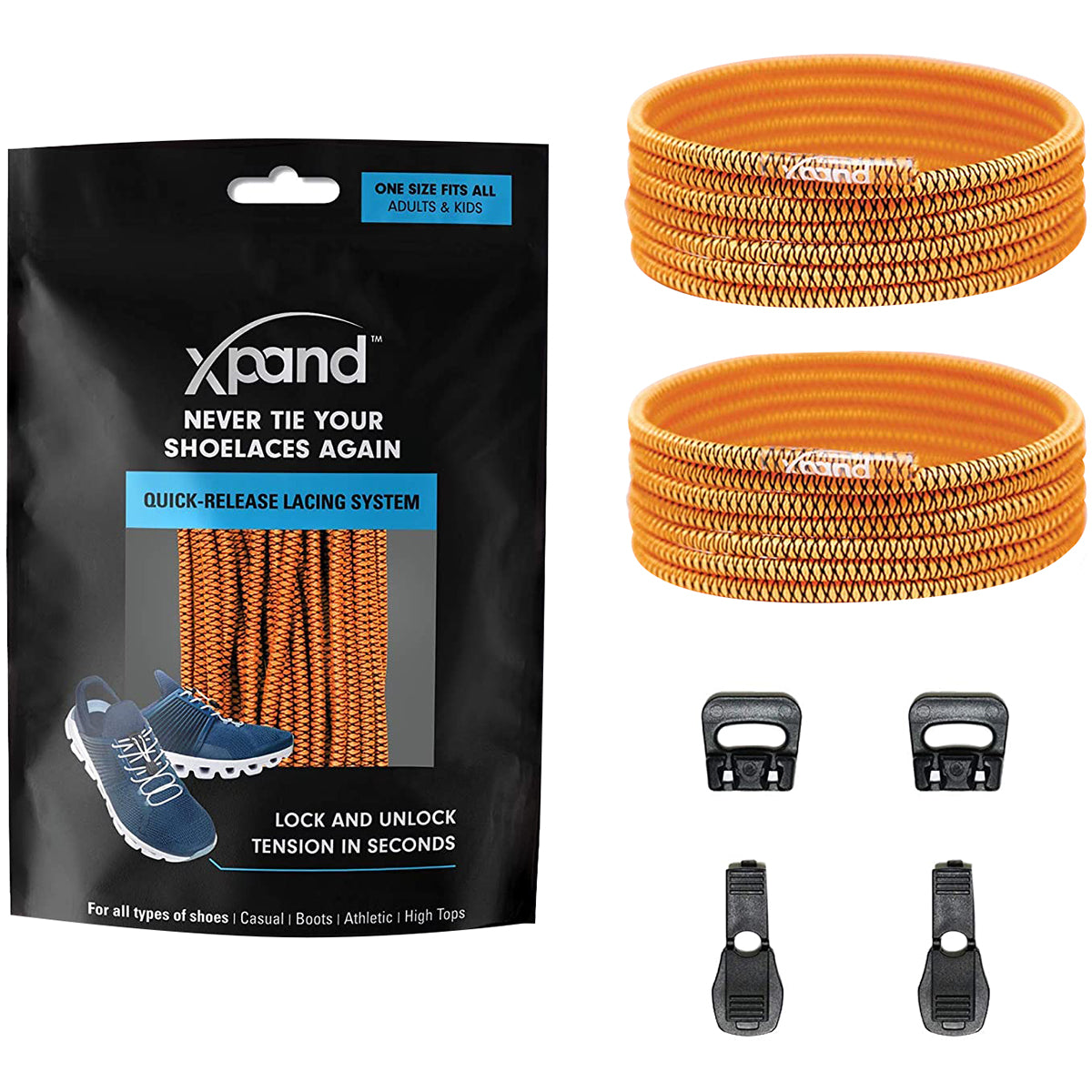 Orange shoelaces with packaging and quick-release lacing system