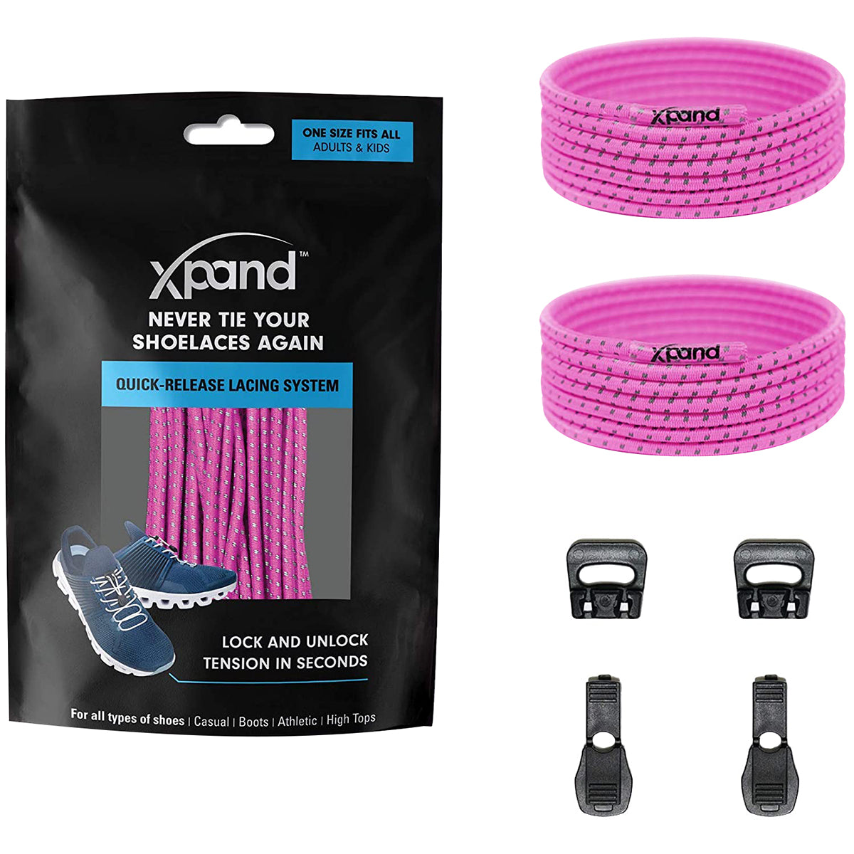 Xpand shoelace system packaging with pink shoelaces and quick-release lacing system components.