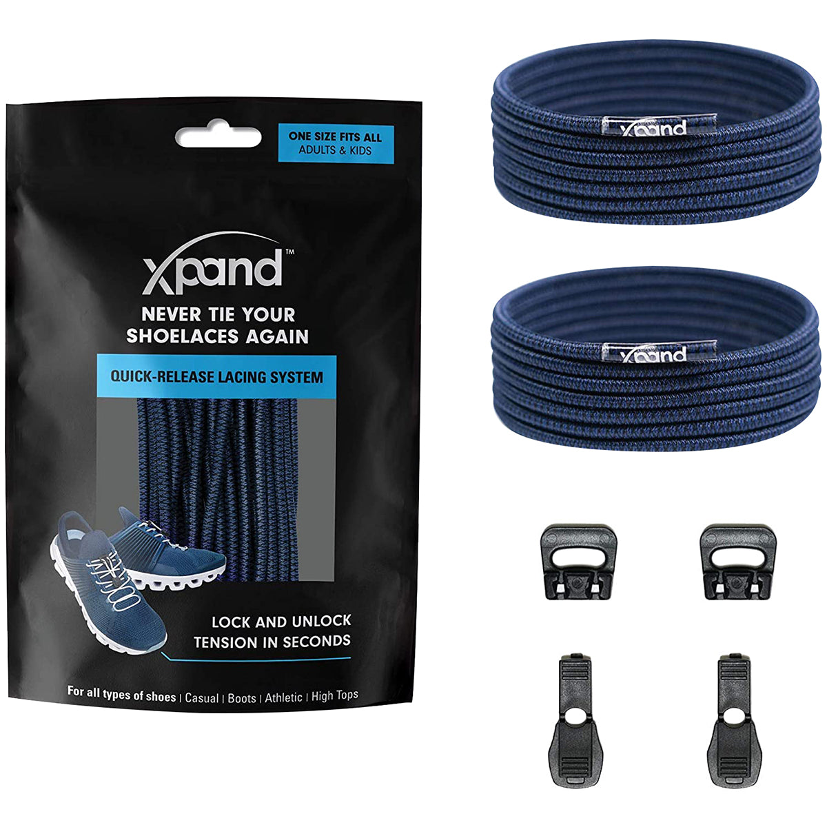 Xband shoelace system packaging with blue shoelaces and black buckles on a white background