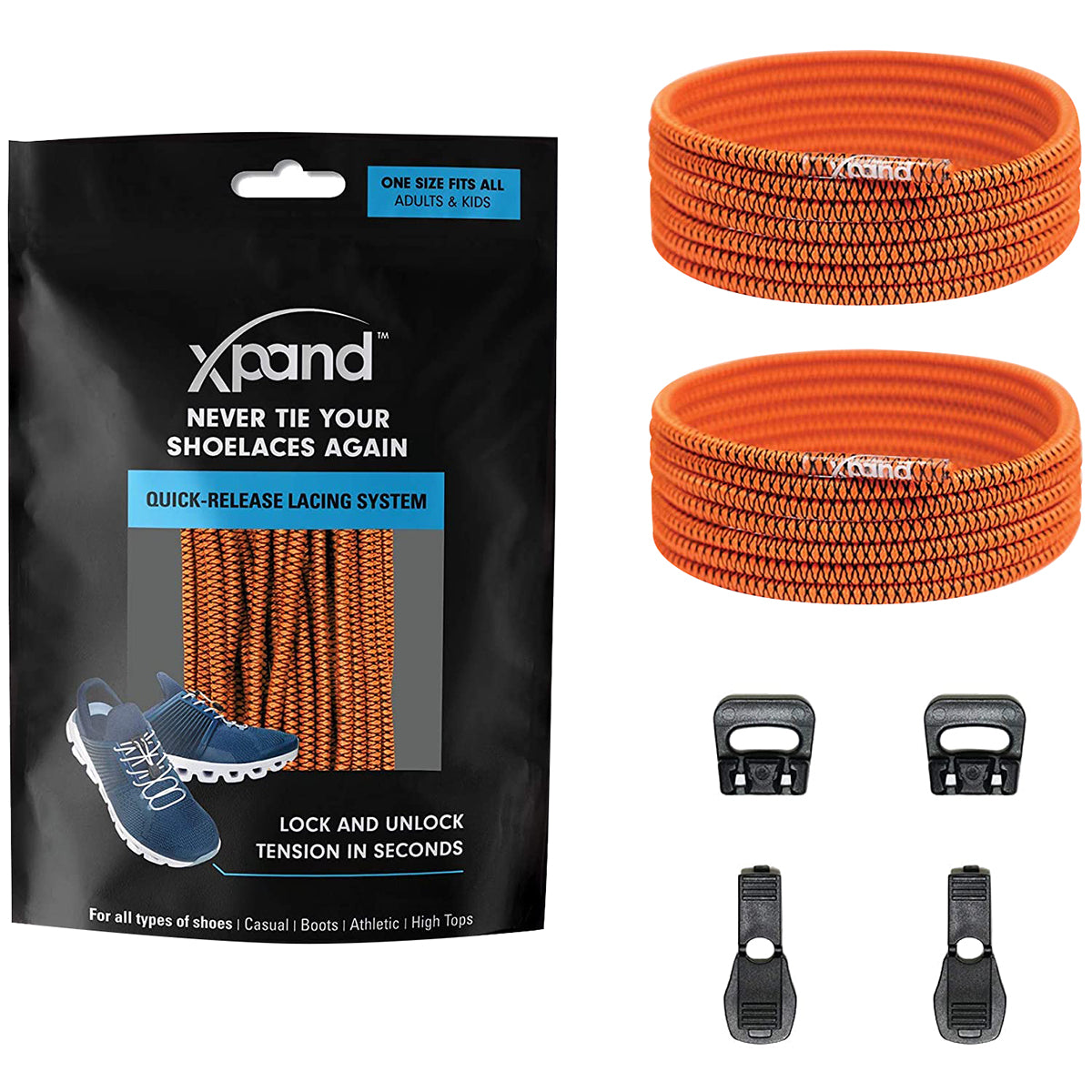 Orange shoelaces with quick-release lacing system packaging and accessories on a white background