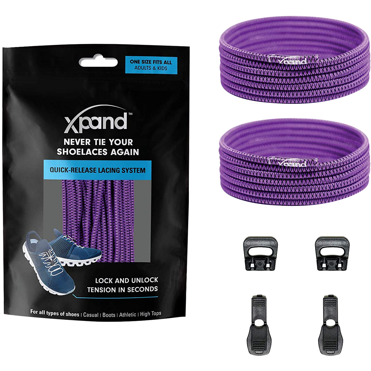 Purple shoelaces with quick-release lacing system packaging and accessories on a white background