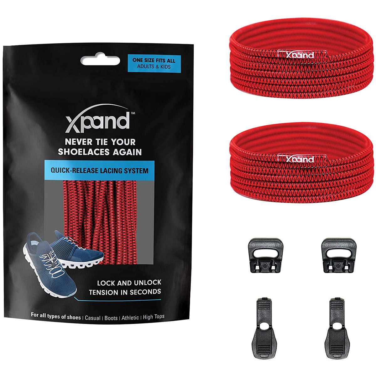 Xpand shoelace system packaging with red shoelaces and quick-release lacing system components.