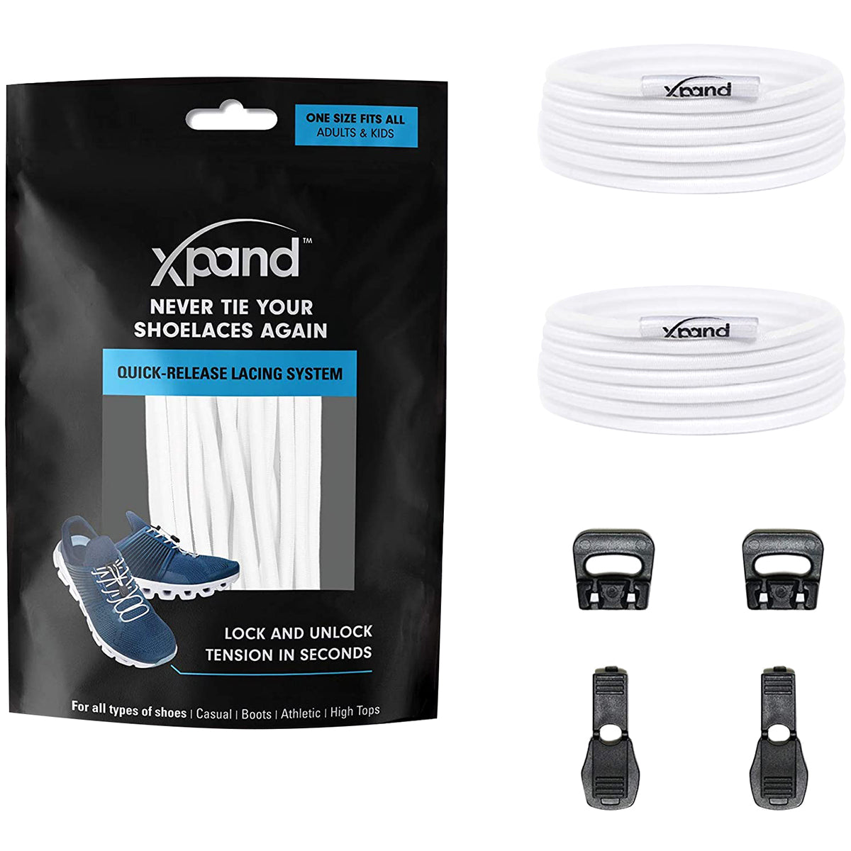 Xpand shoelace system packaging with white shoelaces and black quick-release lacing system components.