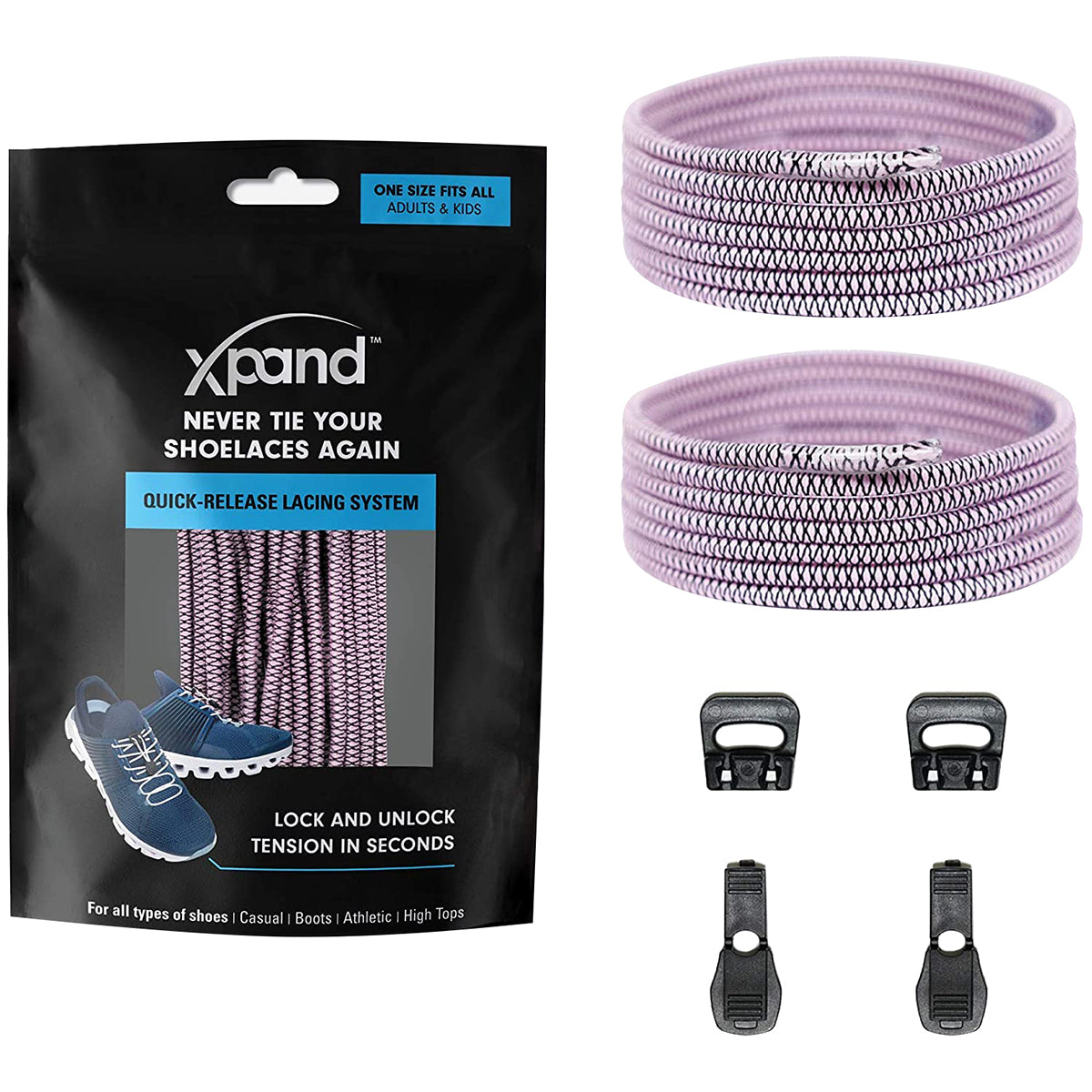 Xpand quick-release lacing system with packaging and components on a white background - soft pink
