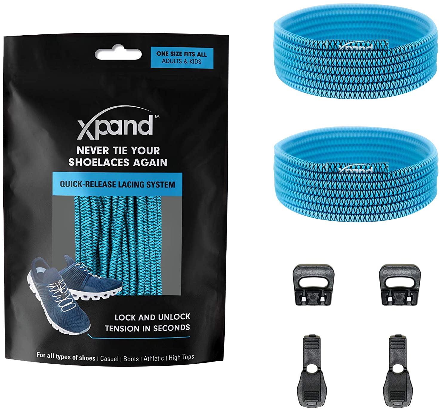 Xpand shoelace system packaging with blue shoelaces and quick-release lacing system components.