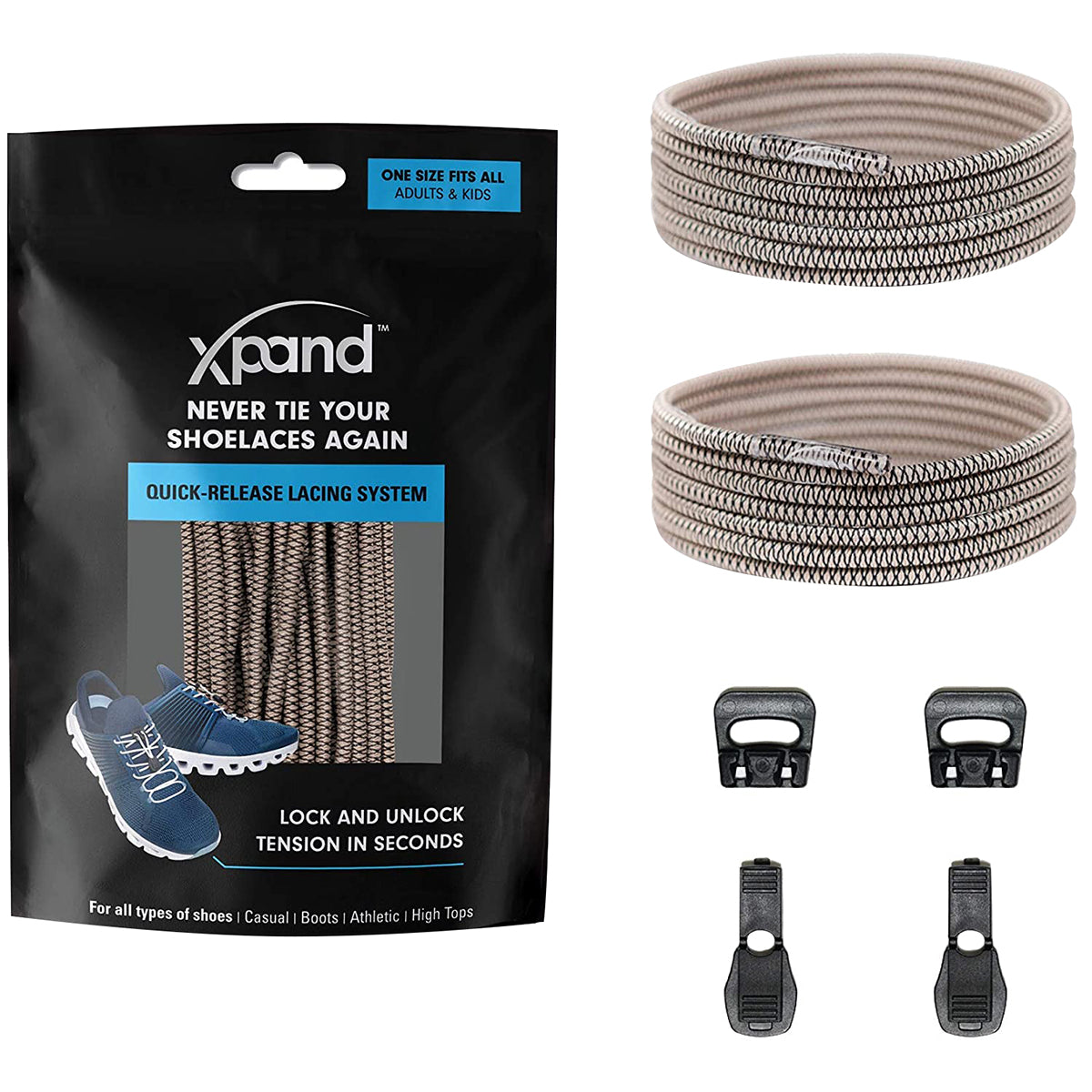Xband shoelace system packaging with shoelaces and quick-release clasps on a white background