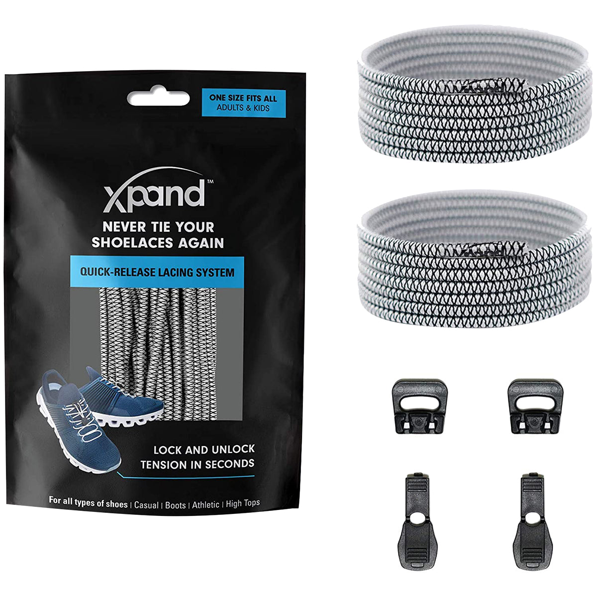 Xpand shoelace system packaging with shoelaces and quick-release clasps - grey - Forza Sports