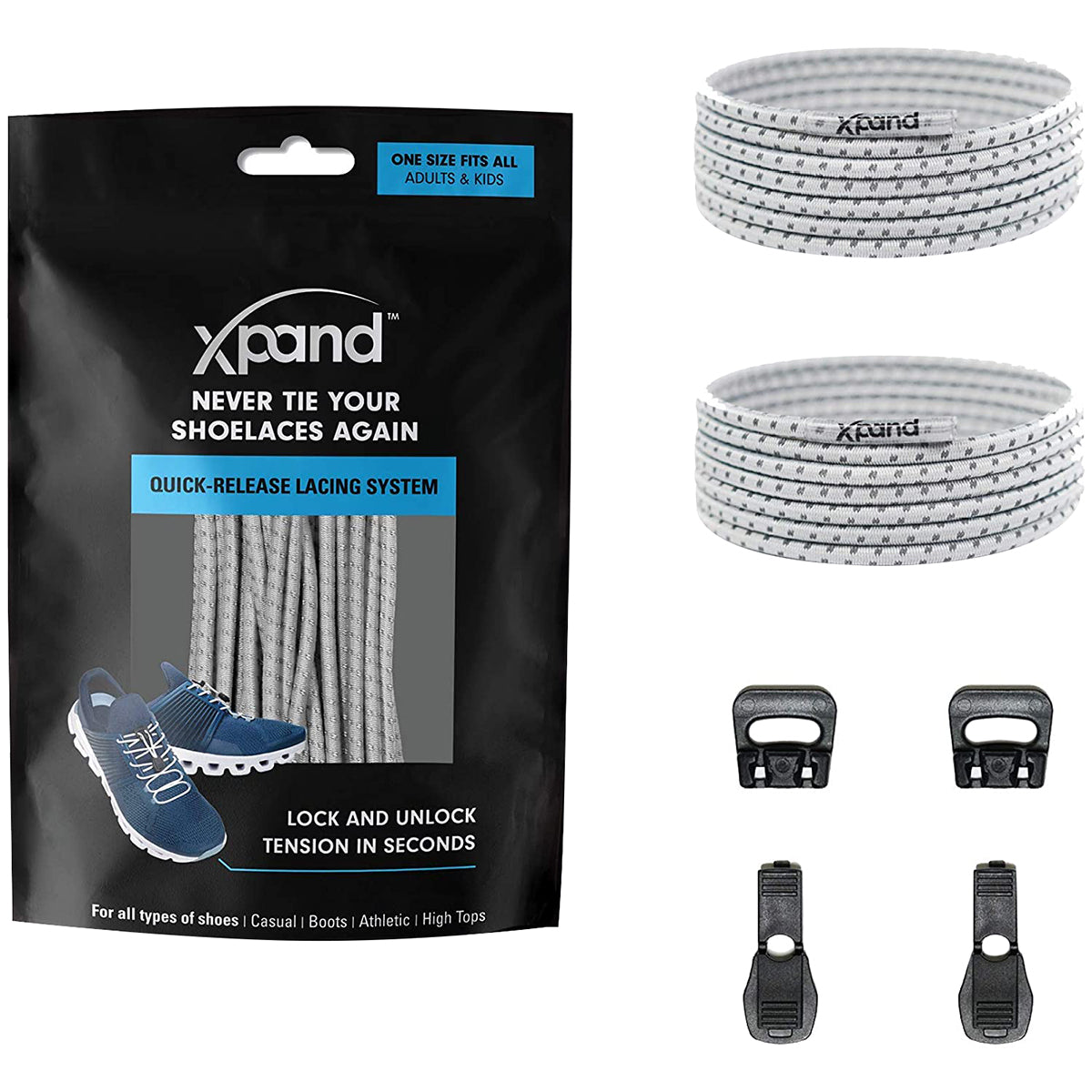 Xpand shoelace system packaging with shoelaces and quick-release lacing system components - steel reflective