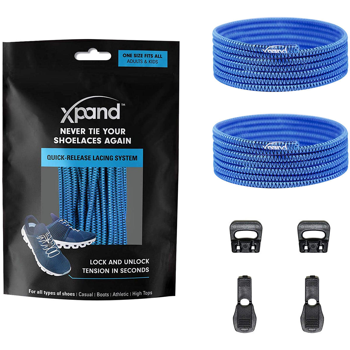 Blue shoelaces with packaging and quick-release lacing system components on a white background