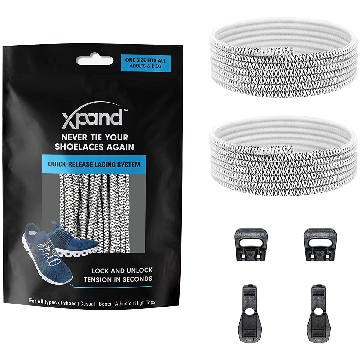 Xband shoelace system packaging with shoelaces and quick-release clasps