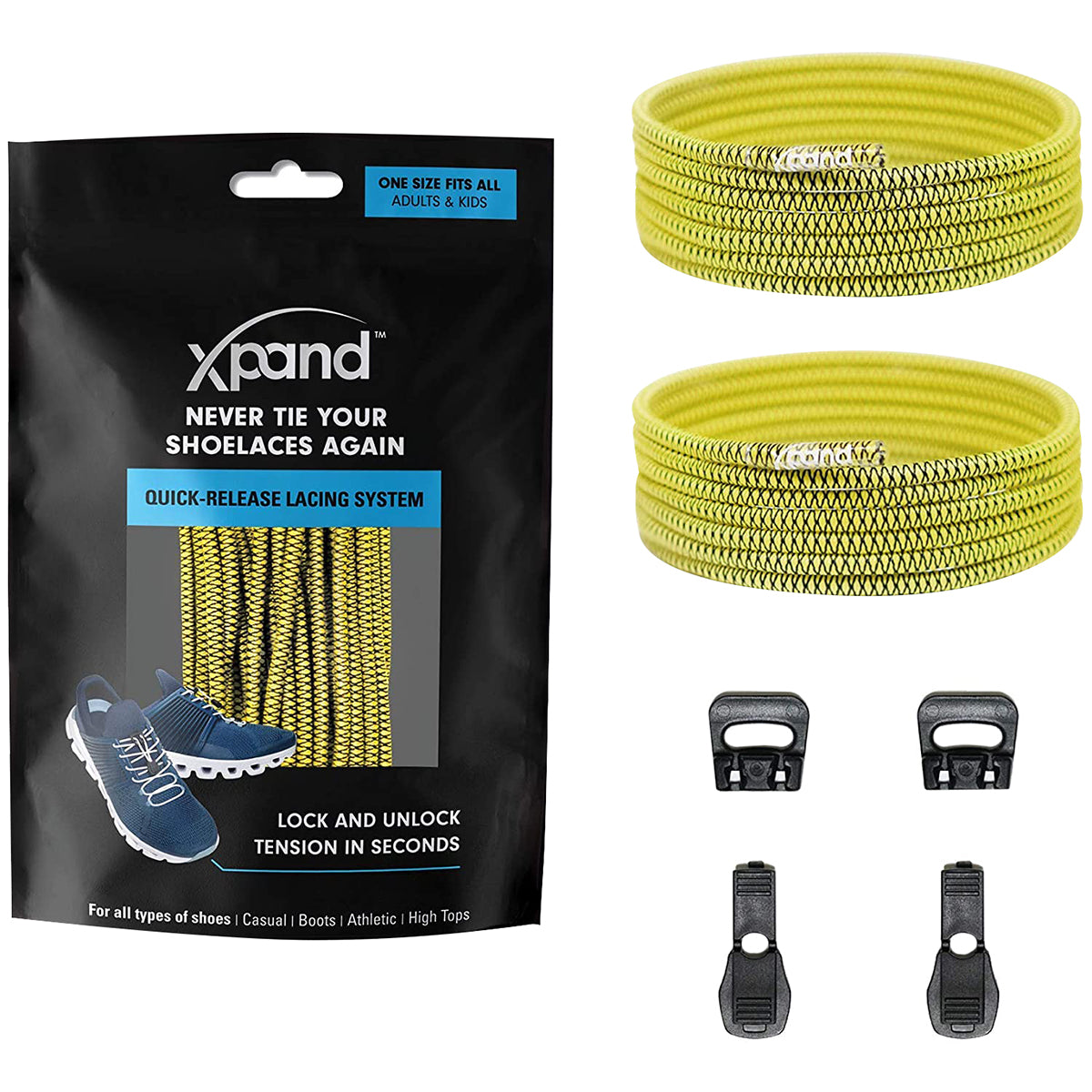 Xband shoelace system packaging with yellow shoelaces and black buckles on a white background