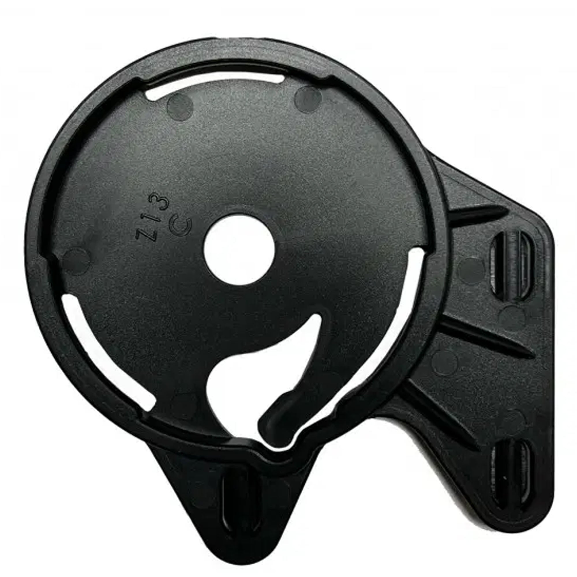 Black plastic component with a central hole on a white background