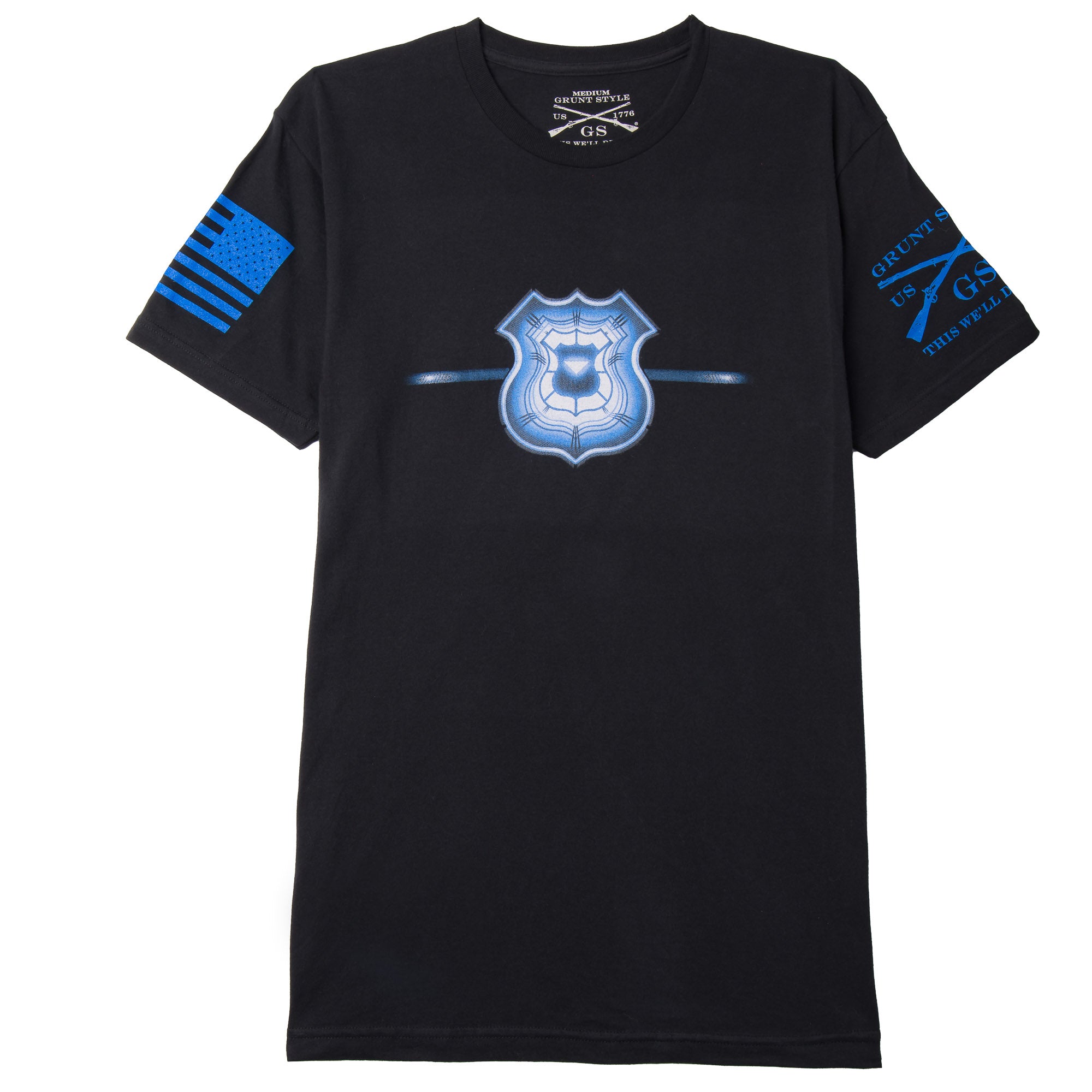 Black t-shirt with blue graphics and a shield emblem on a white background