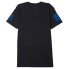 Black t-shirt with blue graphics on sleeves against a white background