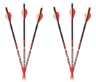 Set of four red and blackMaxima archery arrows on a white background