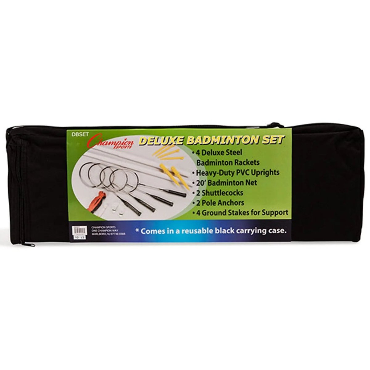 Champion Sports Deluxe Badminton Set Includes 20' Net, 2 Shuttlecocks, 4 Rackets, 2 Pole Anchors, 4 Ground Stakes, and 1 Carrying Case. Champion Sports