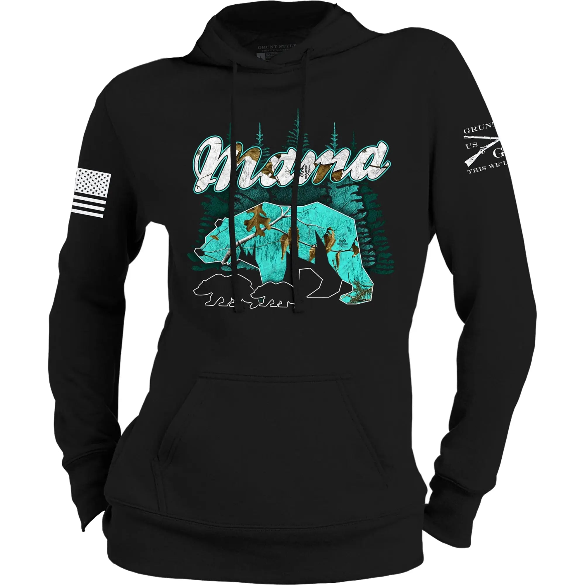 Grunt Style Women's Realtree Xtra Sea Glass Mama Bear Pullover Hoodie - Black Grunt Style