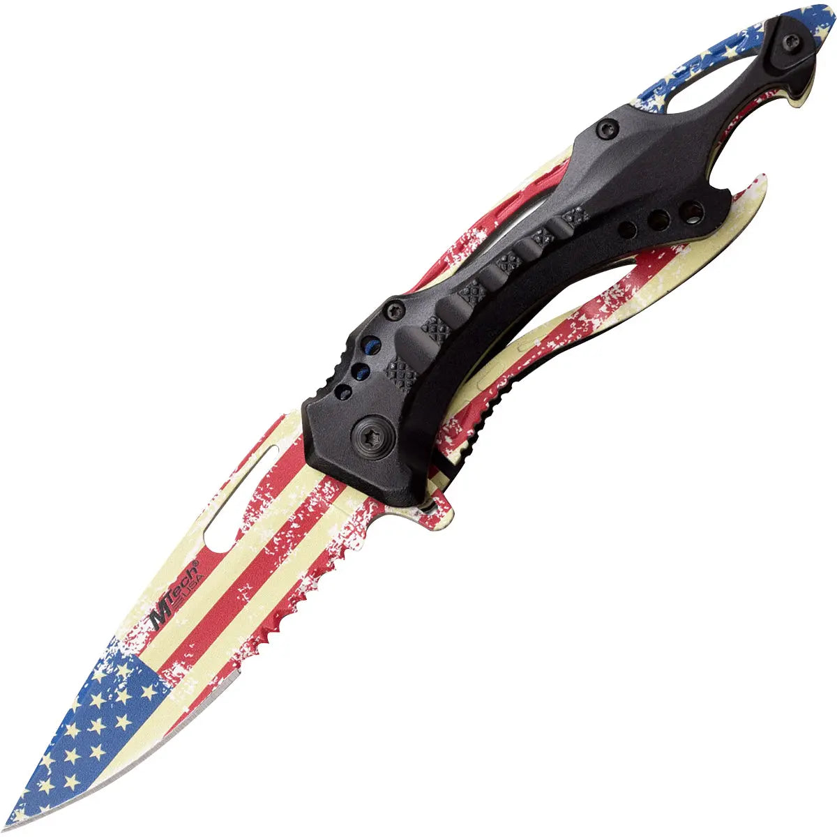 MTech USA Linerlock Spring Assisted Folding Knife, Flag Serrated Blade MT-A705AF M-Tech