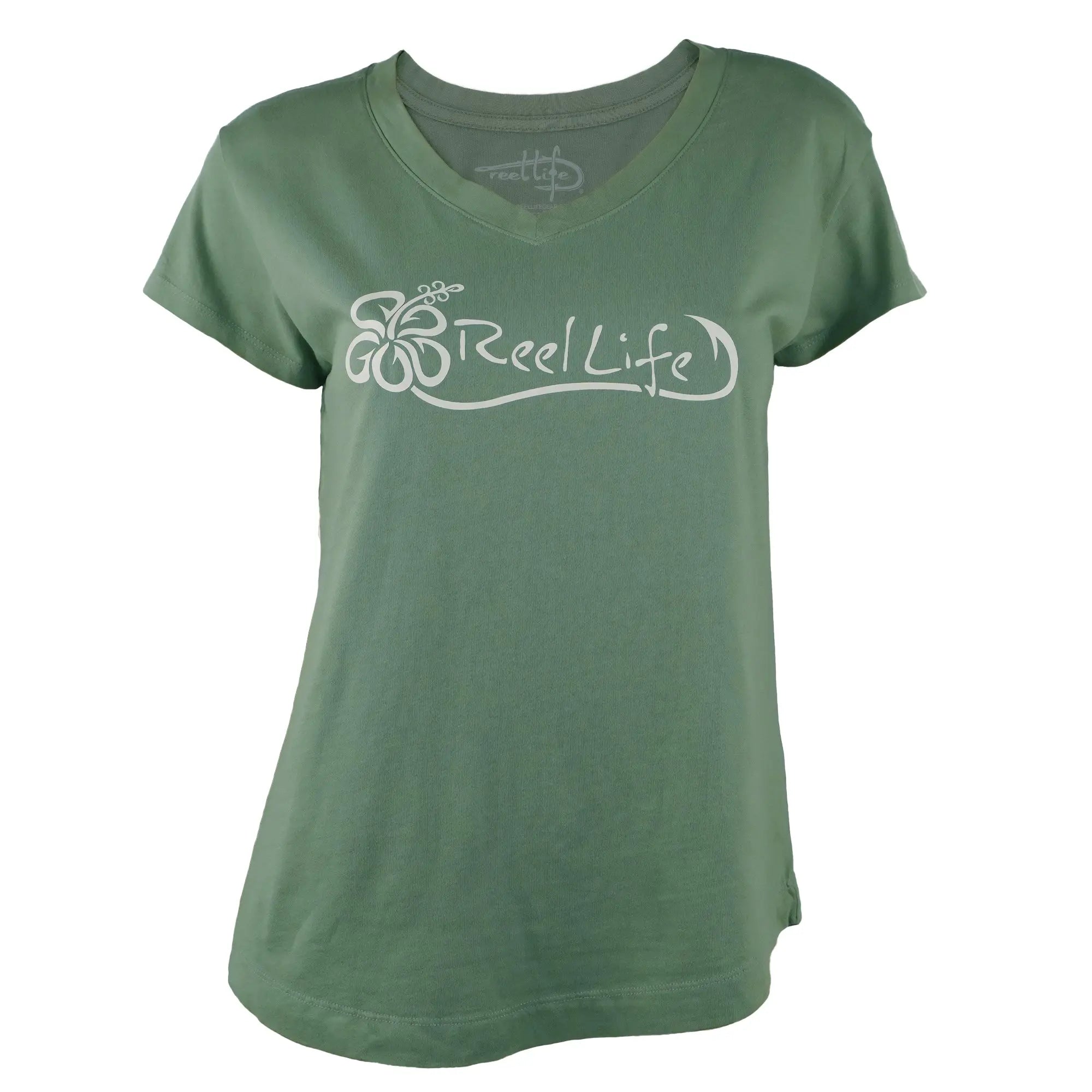 Reel Life Women's Ocean Washed Hibiscus Hook V-Neck T-Shirt - Lily Pad Reel Life