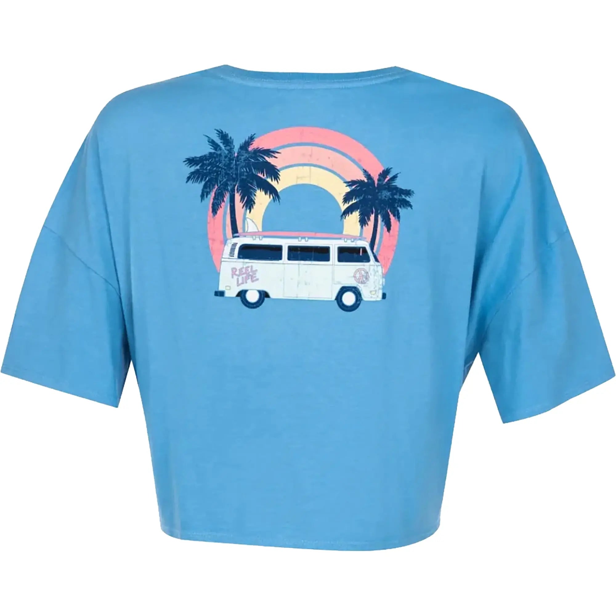 Reel Life Women's Ocean Washed Rainbow Bus Tie Front T-Shirt - Heritage Blue Reel Life