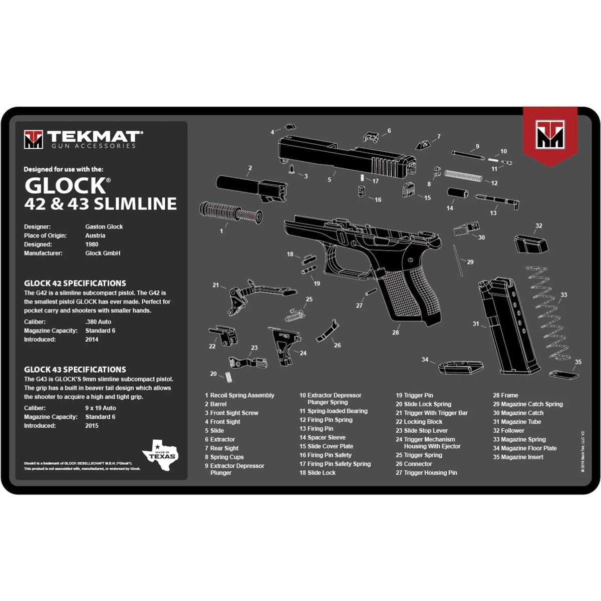 TekMat Original Gun Cleaning Mat - 17" X 11" - Glock 42 & 43 TekMat