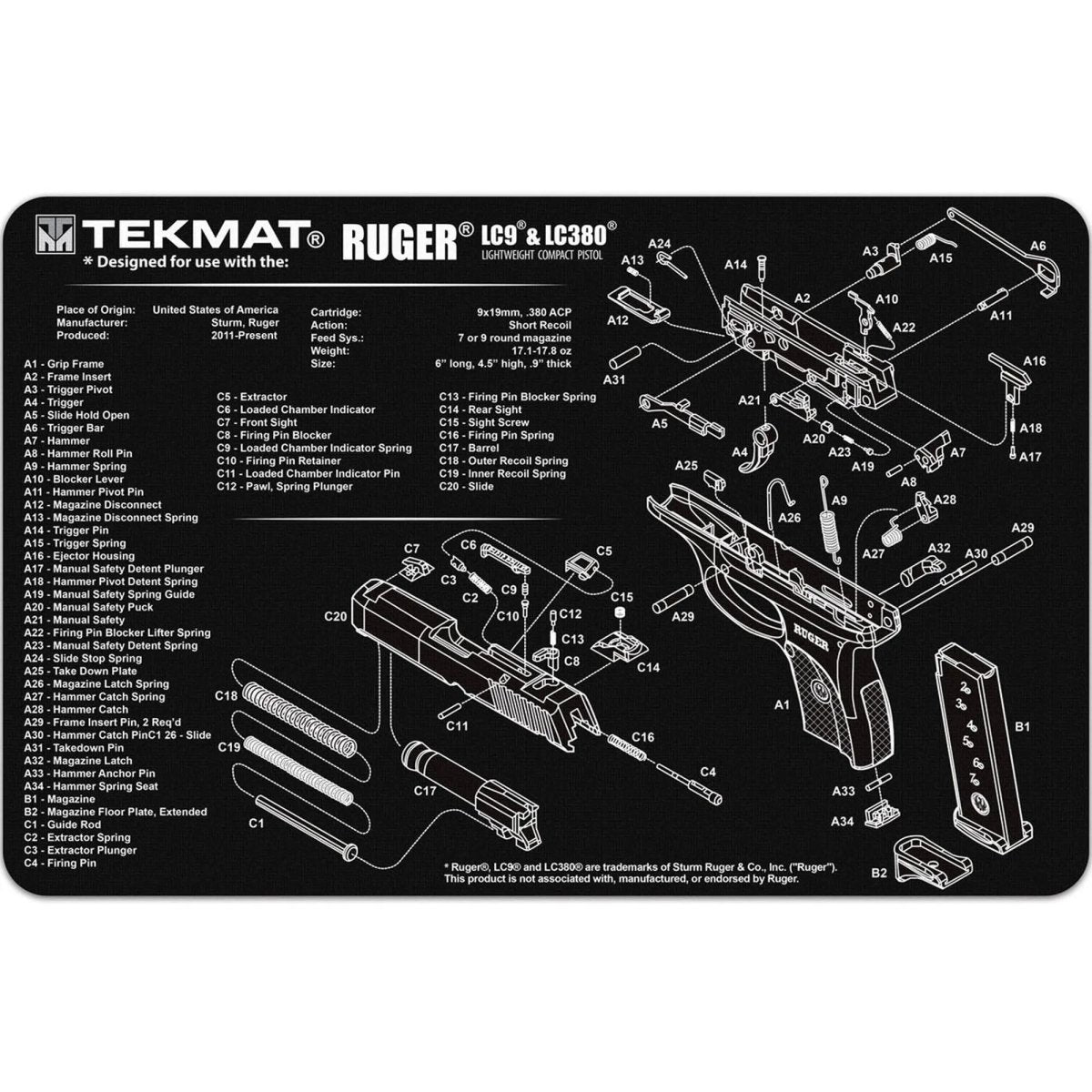 TekMat Original Gun Cleaning Mat - 17" X 11" - Ruger LC9™ TekMat