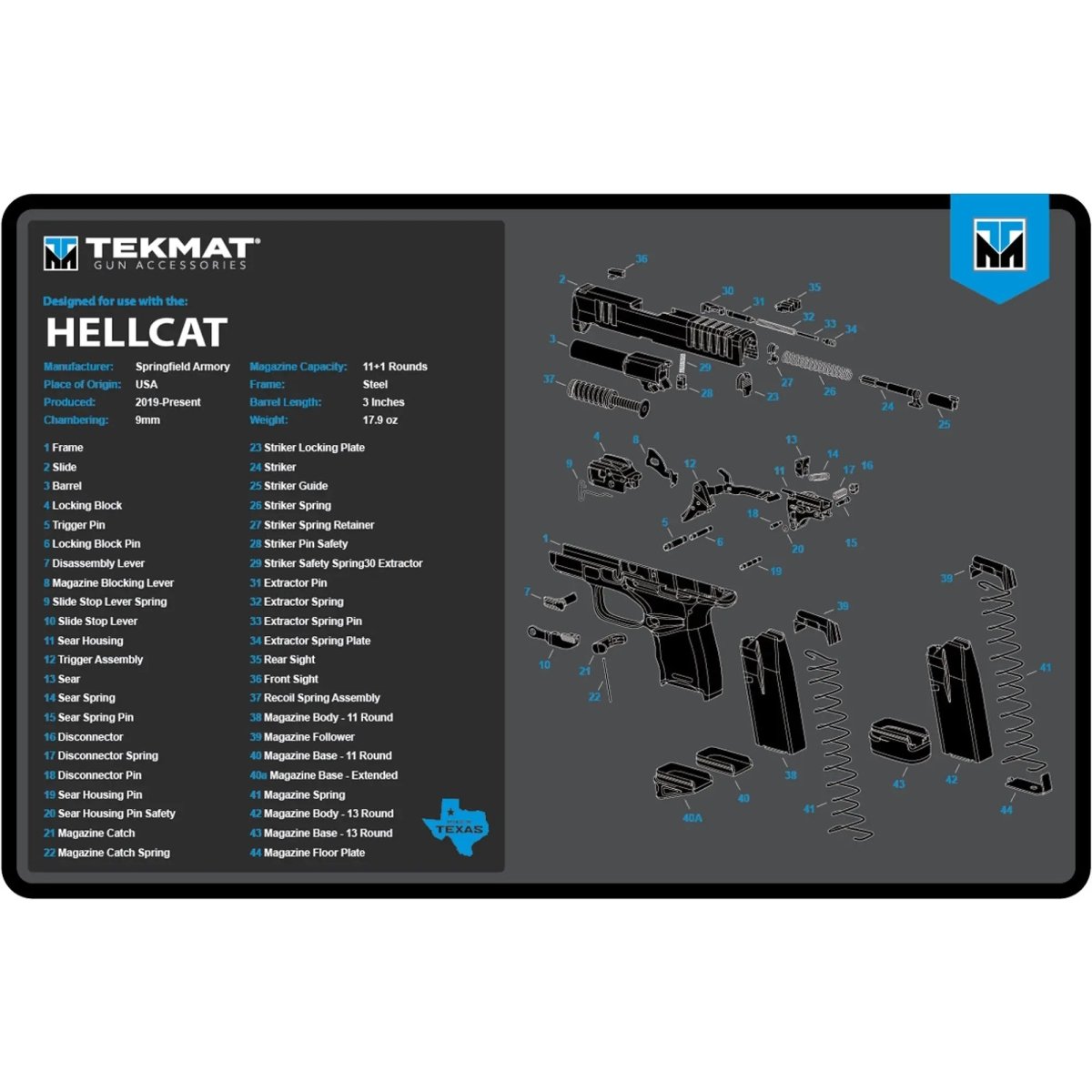 TekMat Original Gun Cleaning Mat - 17" X 11" - Springfield Armory Hellcat - Blue TekMat