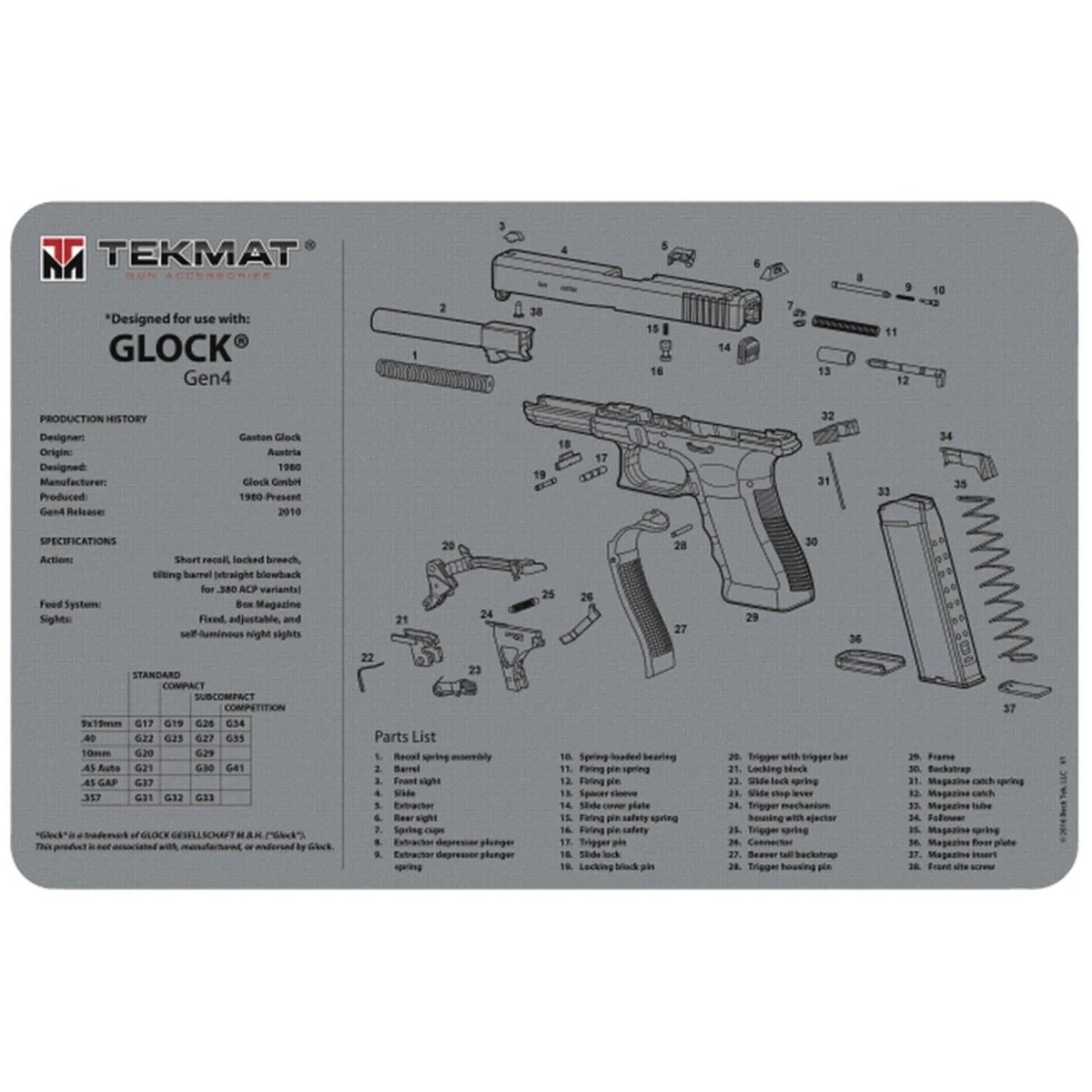 TekMat Ultra Premium Gun Cleaning Mat - 20" X 15" - Glock Gen 4 - Gray TekMat