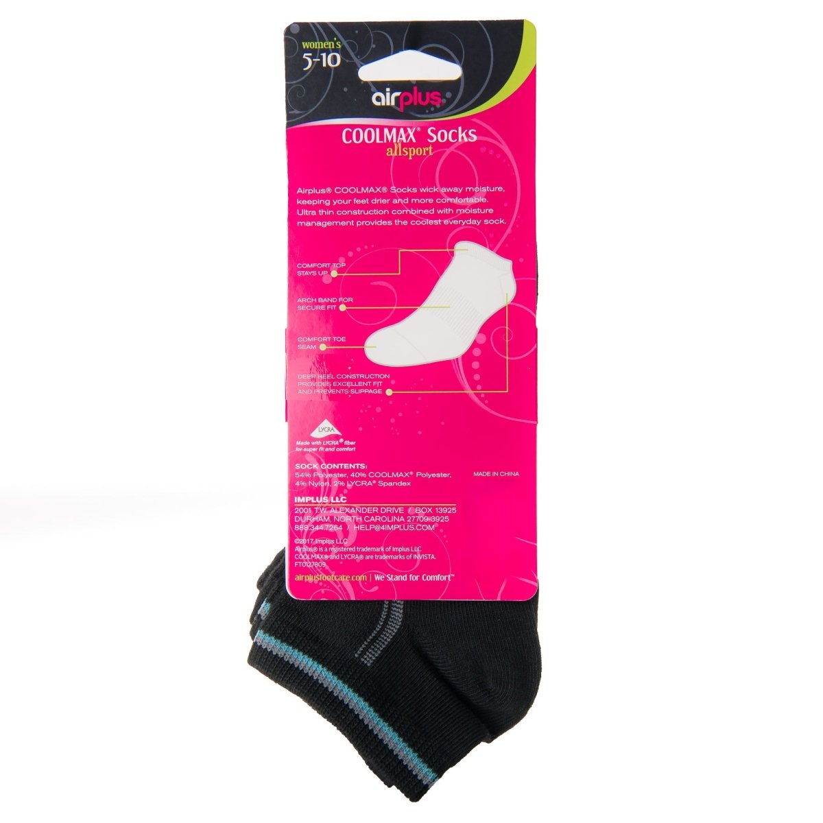 Airplus Women's No Show CoolMax Lightweight Socks, Black, Medium, 3 Pairs - Forza Sports