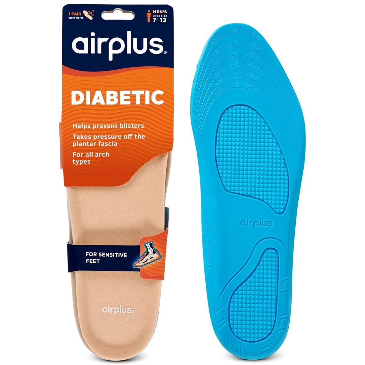 Airplus Diabetic Insoles for Sensitive Feet, Men's 7 - 13, 1 Pair - Forza Sports