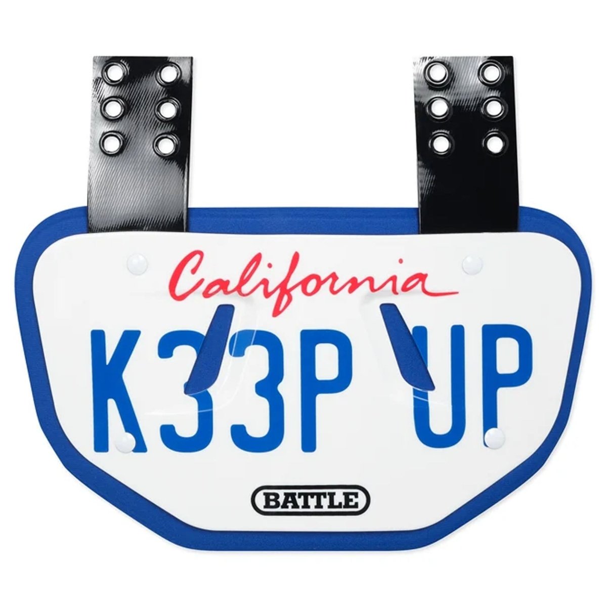 Battle Sports Adult "CA License Plate - KEEP UP" Back Plate, White/Royal - Forza Sports