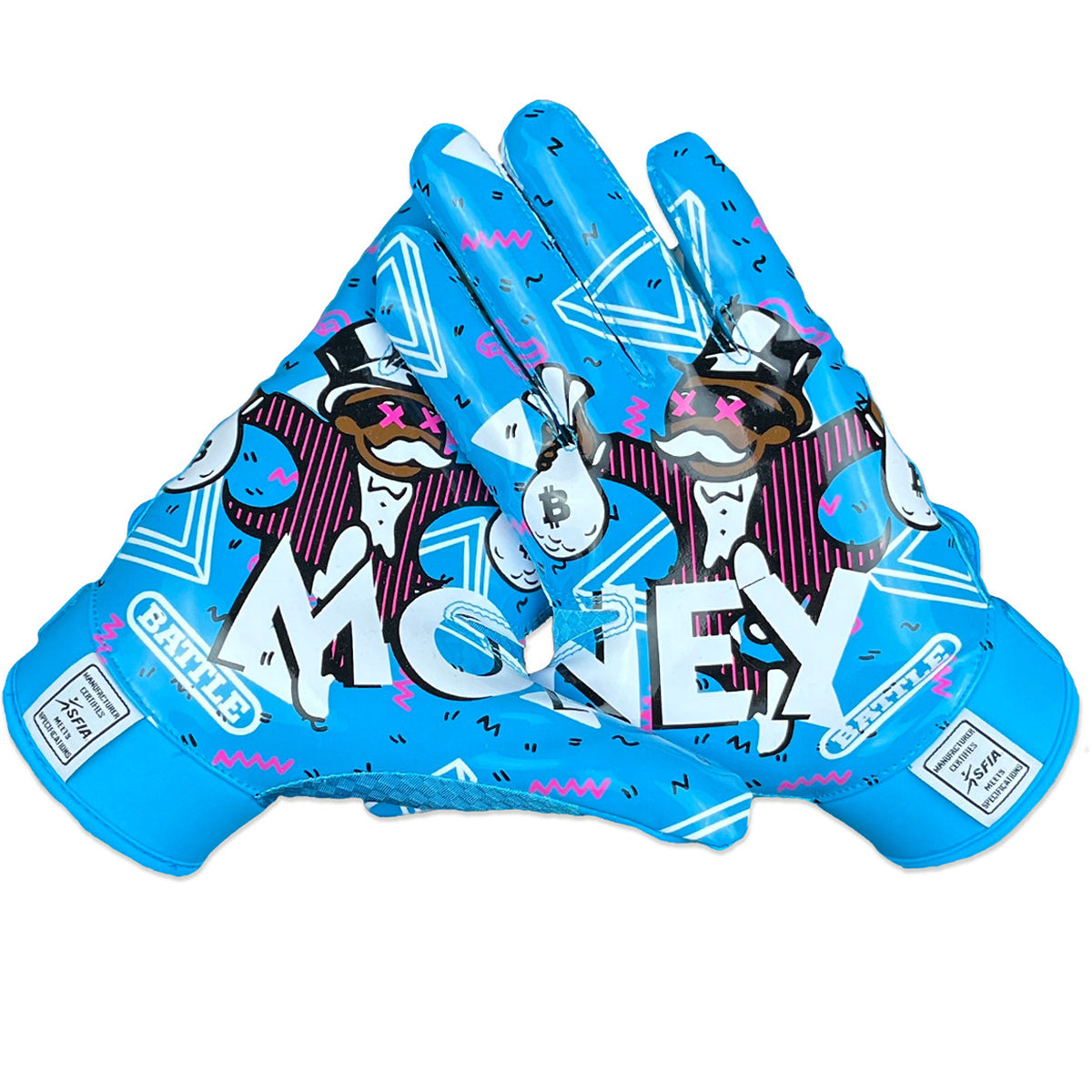 Battle Sports Adult Money Man 2.0 Football Receiver Gloves - Neon Blue Battle Sports