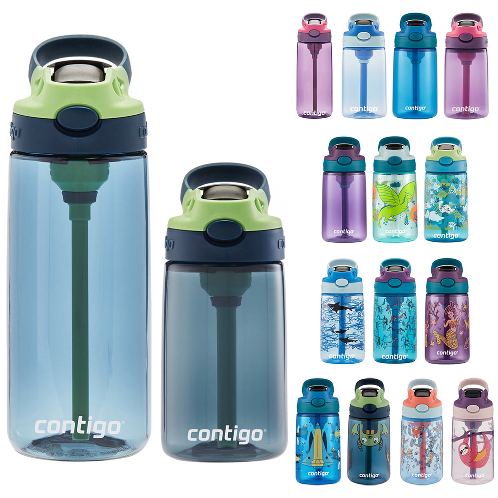 Contigo 14 oz. Kid's Plastic Water Bottle with Redesigned Autospout Straw 2-Pack Blue Poppy/Periwinkle/Clouds