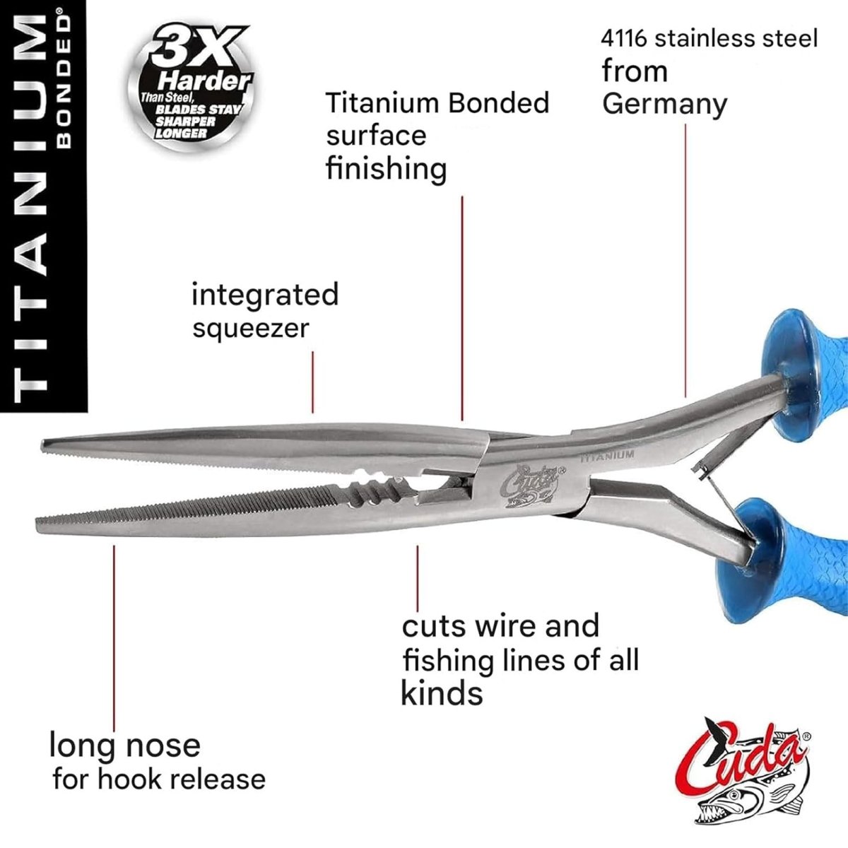 Cuda 10.25" Stainless Steel Freshwater Long Needle Nose Pliers Titanium Bonded - Forza Sports