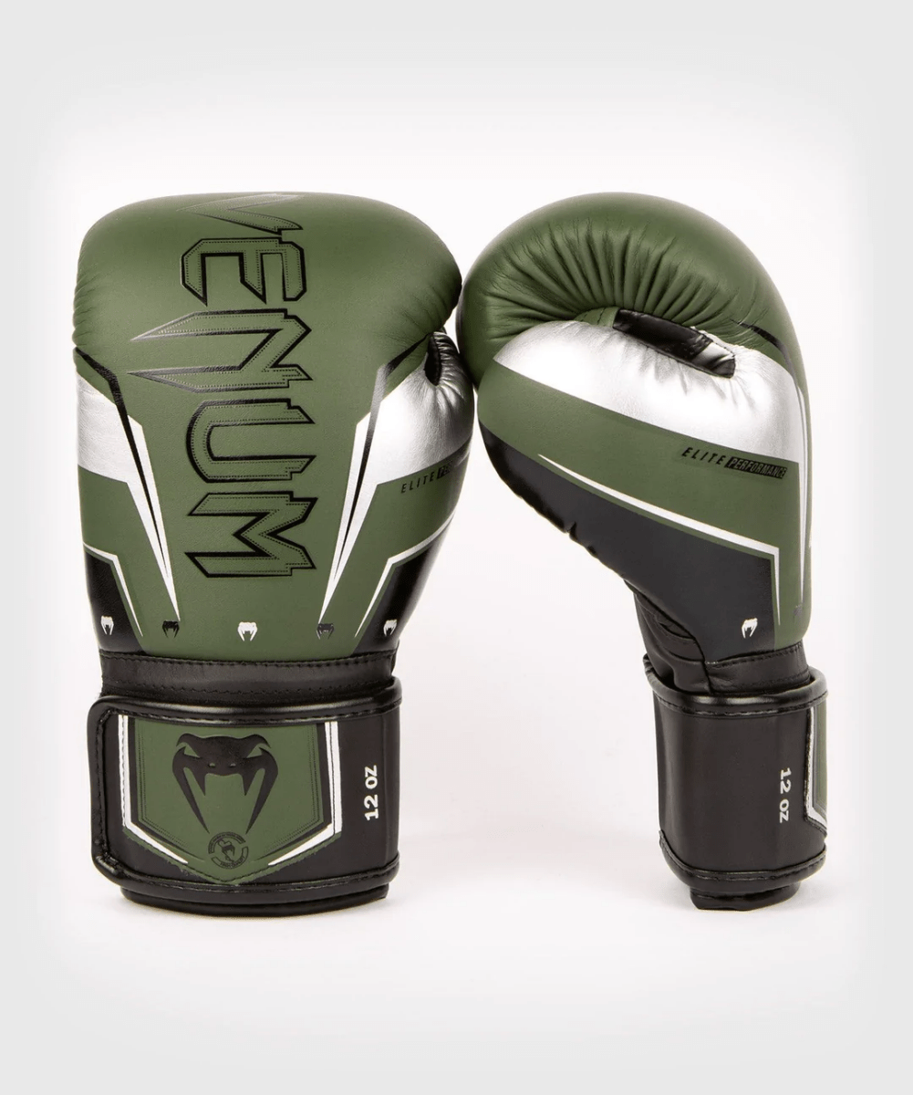 Venum Elite Evo Hook and Loop Boxing Gloves - Khaki/Silver - Forza Sports