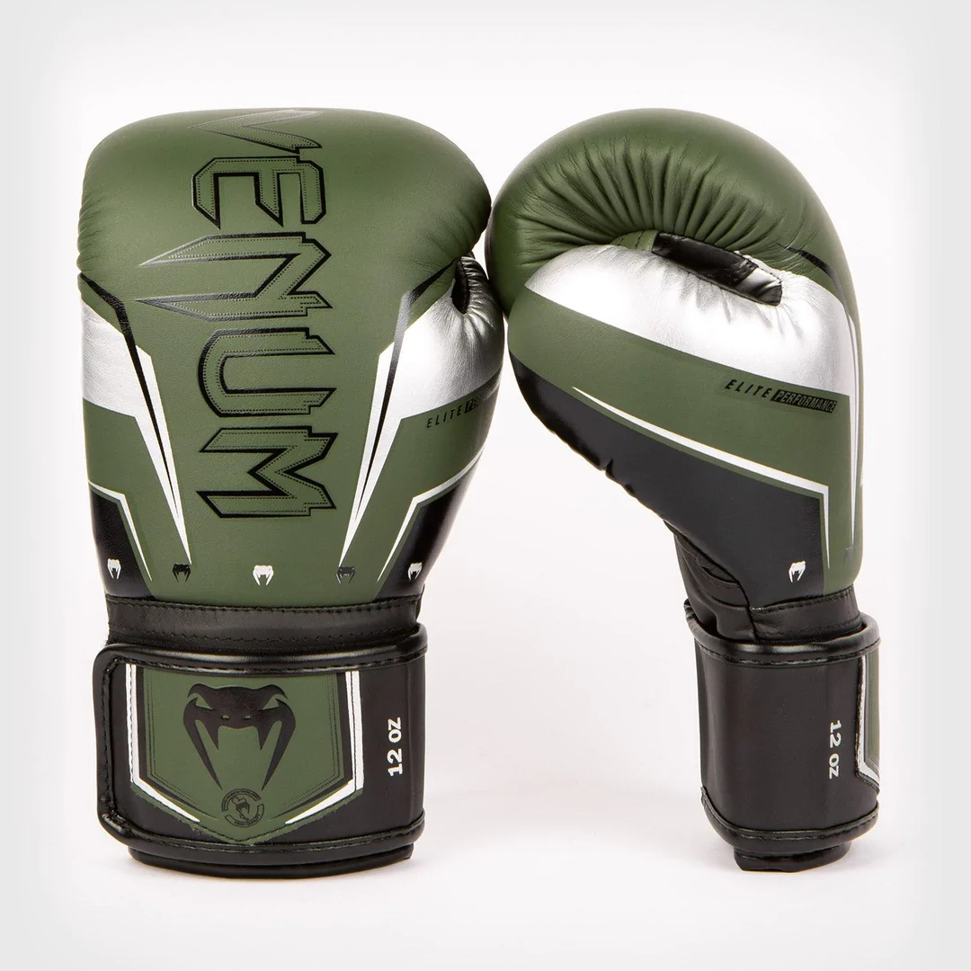 Venum Elite Evo Hook and Loop Boxing Gloves - Khaki/Silver Venum