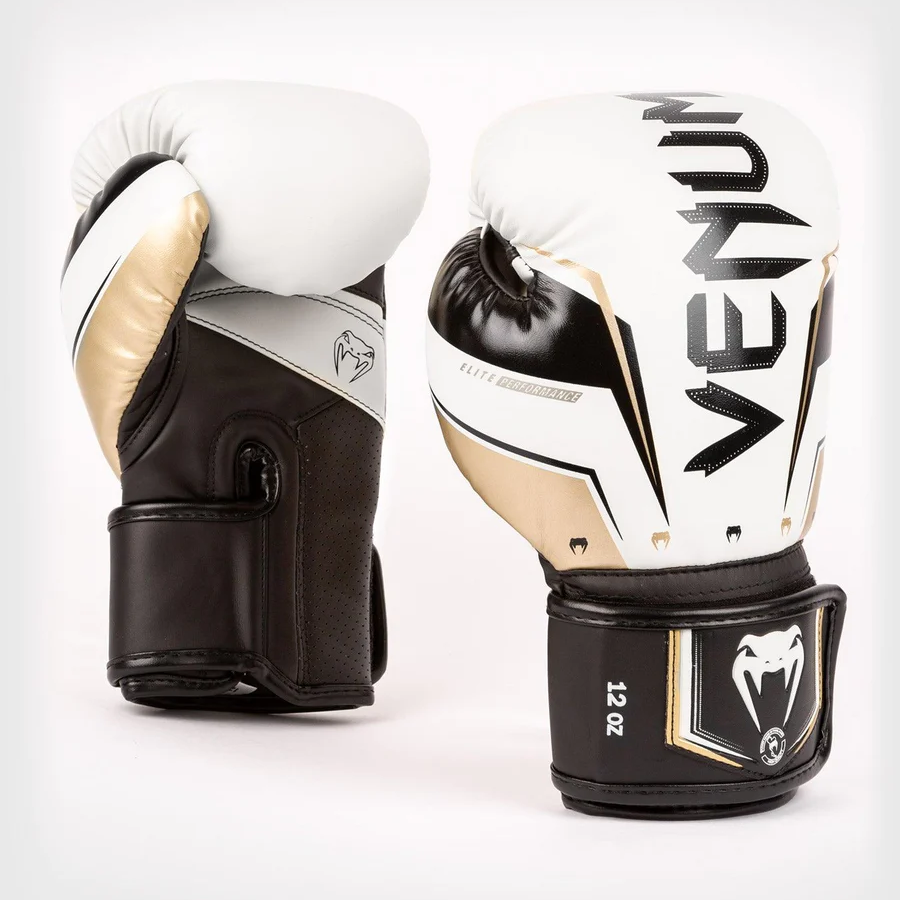 Venum Elite Evo Hook and Loop Boxing Gloves - White/Gold Venum