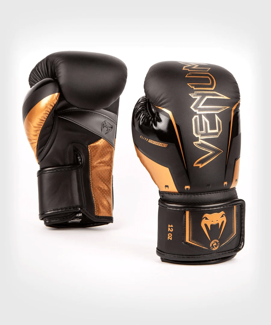 Venum Elite Evo Hook and Loop Boxing Gloves - Black/Bronze - Forza Sports