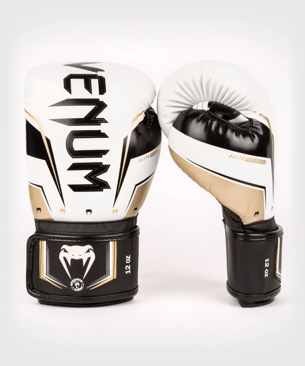 Venum Elite Evo Hook and Loop Boxing Gloves - White/Gold
