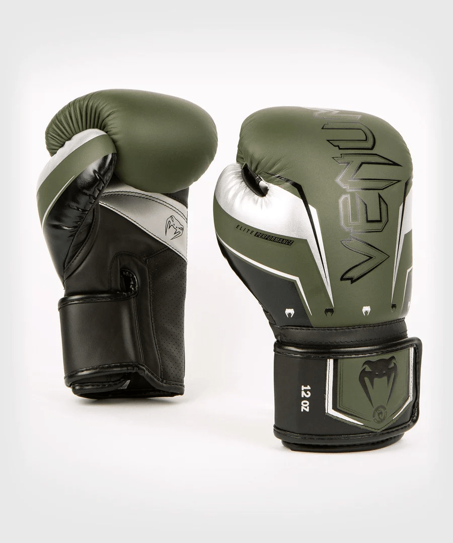 Venum Elite Evo Hook and Loop Boxing Gloves - Khaki/Silver - Forza Sports