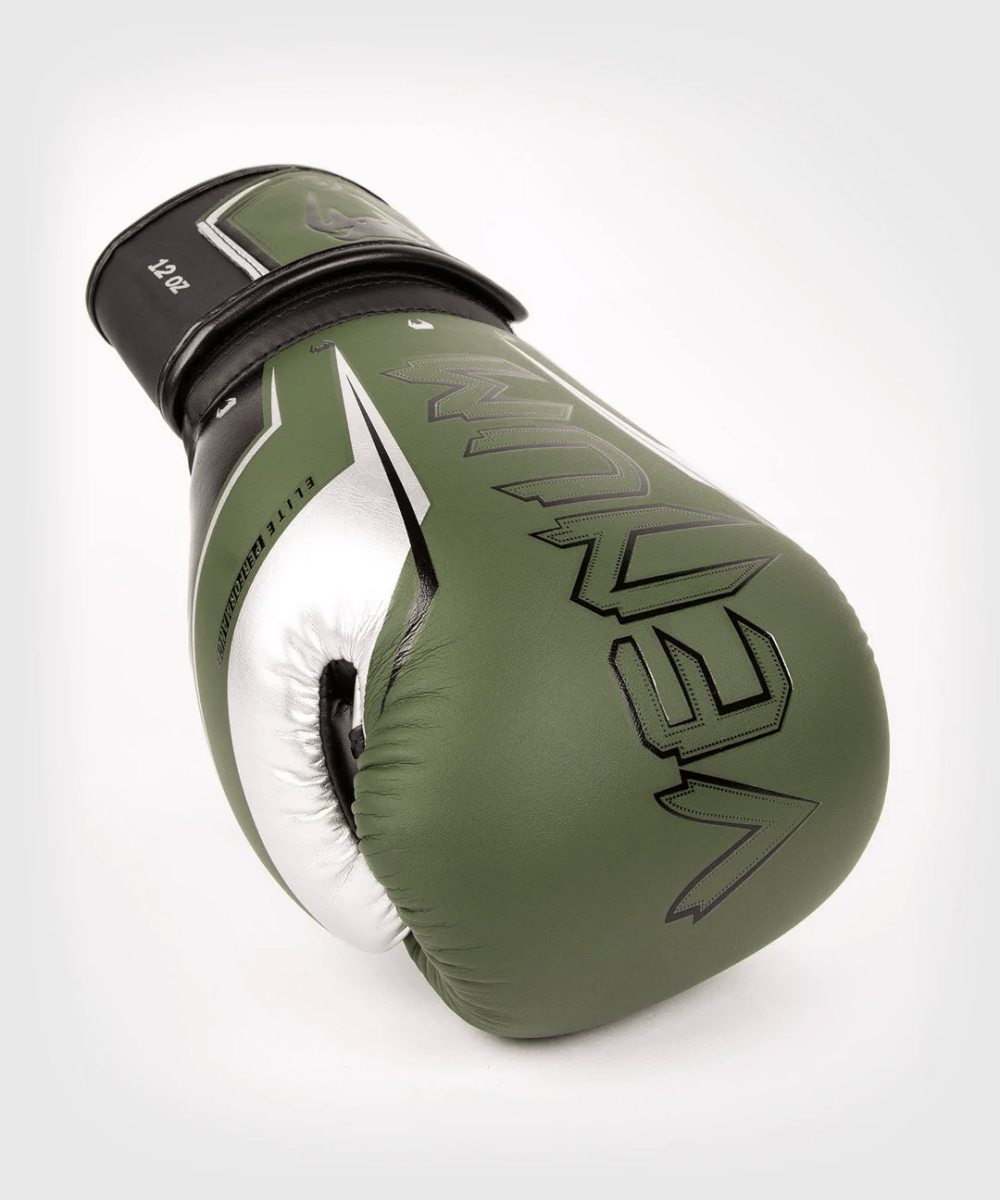 Venum Elite Evo Hook and Loop Boxing Gloves - Khaki/Silver - Forza Sports