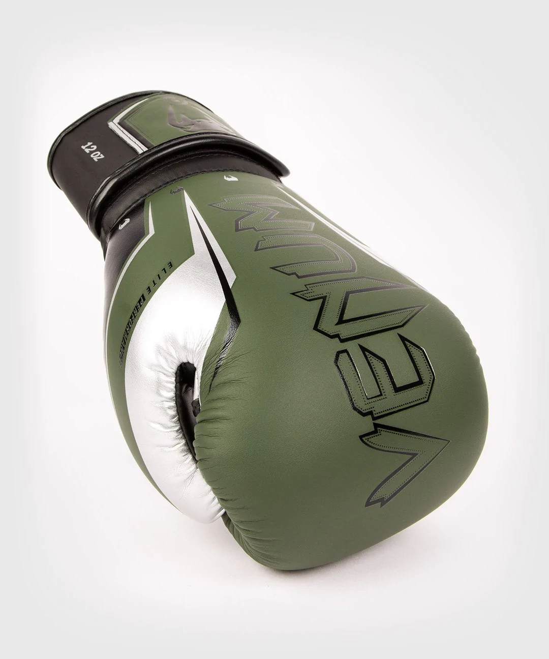 Venum Elite Evo Hook and Loop Boxing Gloves - Khaki/Silver Venum