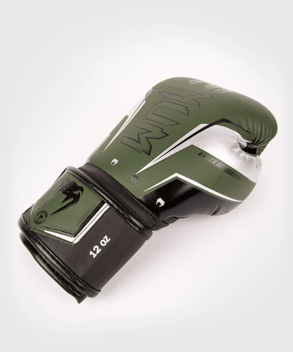 Venum Elite Evo Hook and Loop Boxing Gloves - Khaki/Silver - Forza Sports