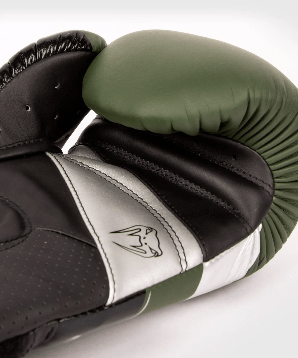 Venum Elite Evo Hook and Loop Boxing Gloves - Khaki/Silver - Forza Sports