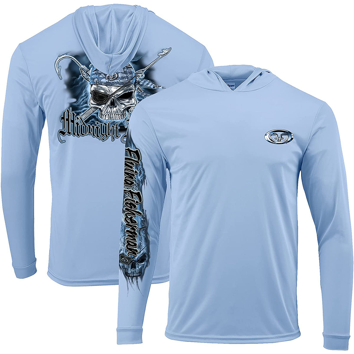 Flying Fisherman Pirate Skull Performance Pullover Hoodie - Blue Mist Flying Fisherman