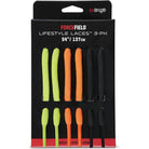Forcefield lifestyle shoe laces 3-pack packaging with green, orange, and black laces.