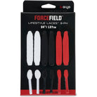 ForceField shoe laces packaging with black, white, and red laces displayed.