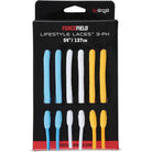 Forcefield shoe laces packaging with blue, white, and yellow laces on a black background