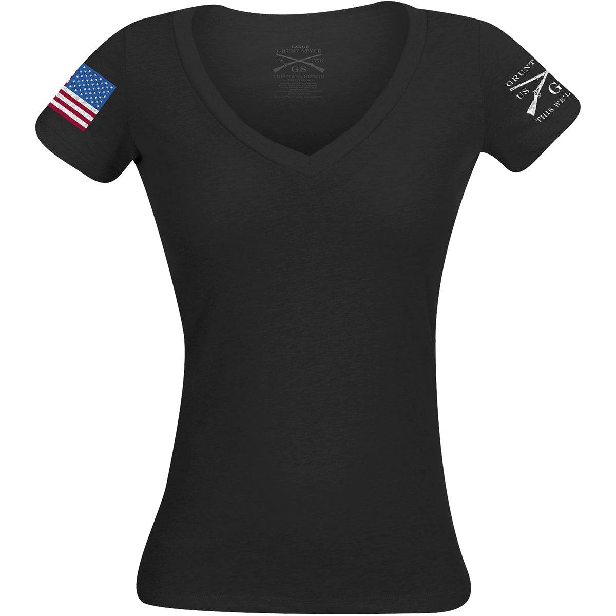 Grunt Style Women's Full Color Flag Basic V-Neck T-Shirt - Black Grunt Style